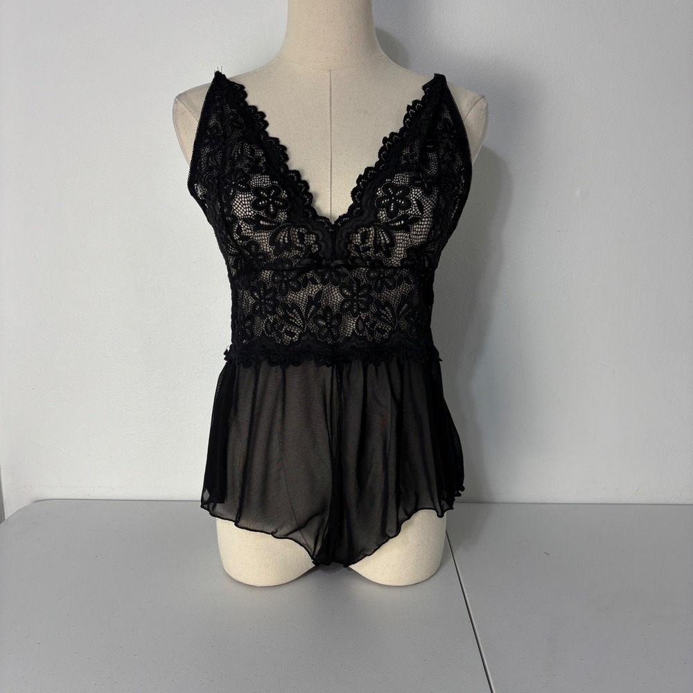 Black Lace Whimsigoth Open Crotch Teddy Babydoll Ethereal Coquette Mesh Women L